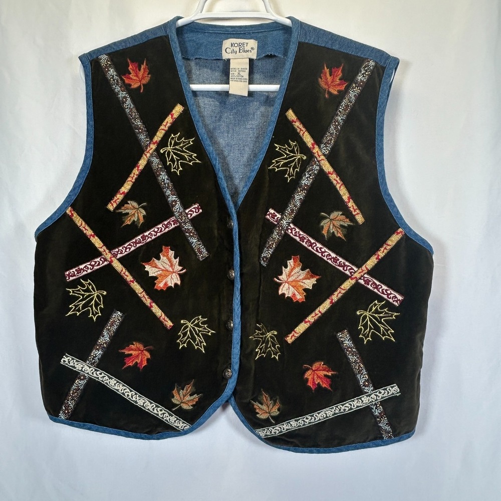 Fall Vest Grandma Core Cottage Vintage Denim Autumn Leaves Velvet Size XL Koret
